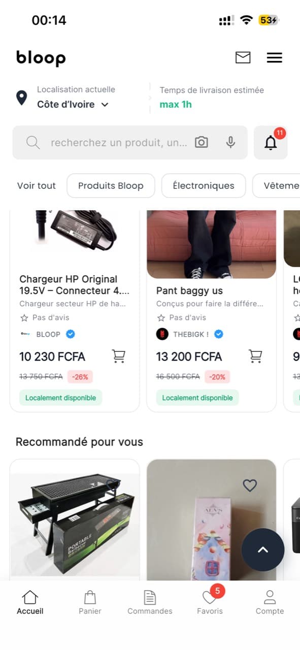 Accueil mobile de la marketplace Bloop CI.